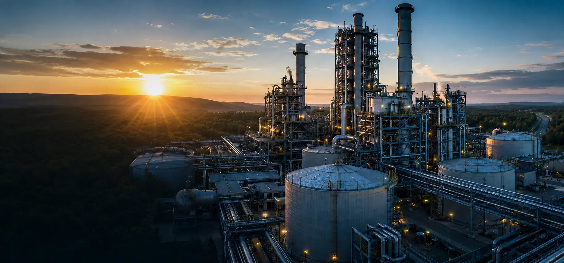 Industrial thermal heat exchangers with green vertical garden at sunset